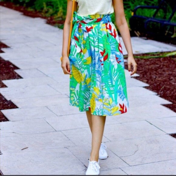 Zara Green Tropical Print Paper Bag A-Line Midi Skirt Size L - Picture 3 of 11